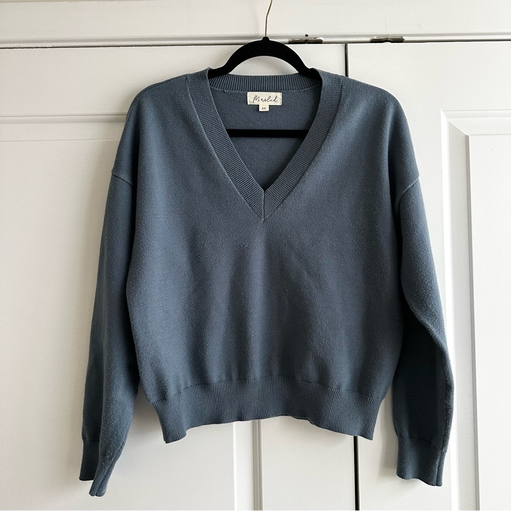 Marled Blue Soft  V-Neck Sweater